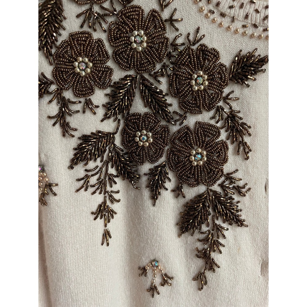 Vtg 1950s Hand Beaded Cardigan Cream Floral Bronze Glass Bead Sweater Lined 40 - Picture 5 of 14